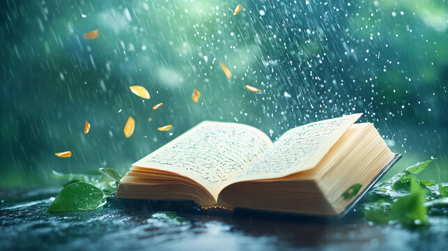 A book is open to a page with a leaf on it. The leaf is falling from the sky, and the book is open to the page where the leaf is on. The scene is rainy, and the book is on a table