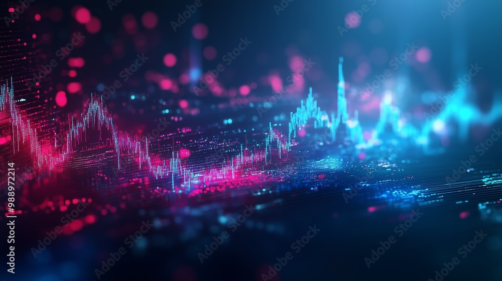 Poster vibrant digital graph representing data fluctuations against a dark background with illuminated part