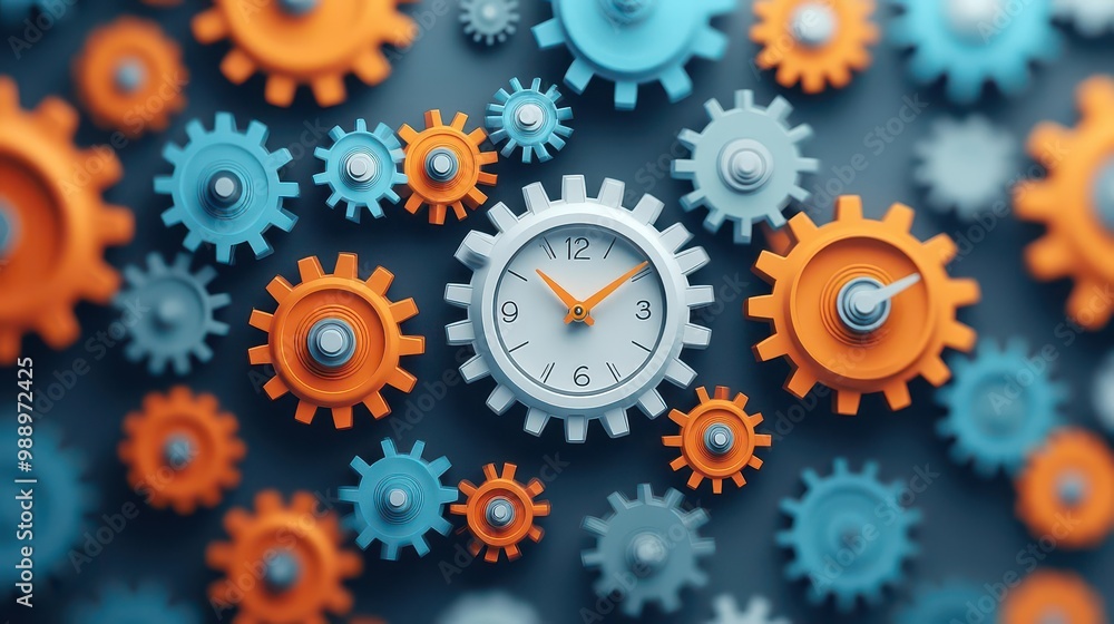 Poster clock gears in motion, representing mechanical time automation, 3d illustration