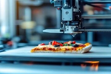 Closeup of a 3D printer creating a slice of pizza, 3D printed food, future of food production