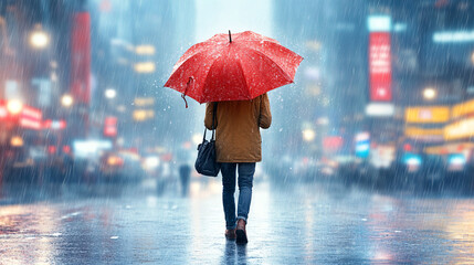A person is walking down a wet street with an umbrella. The umbrella is red and the person is wearing a brown coat. The scene is rainy and the person is trying to stay dry