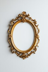 A minimalist white wall background with an ornate gold frame hanging in the center, its interior blank, waiting to be filled. 