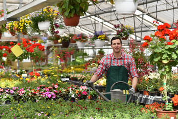 happy worker growing flowers in a greenhouse of a flower shop