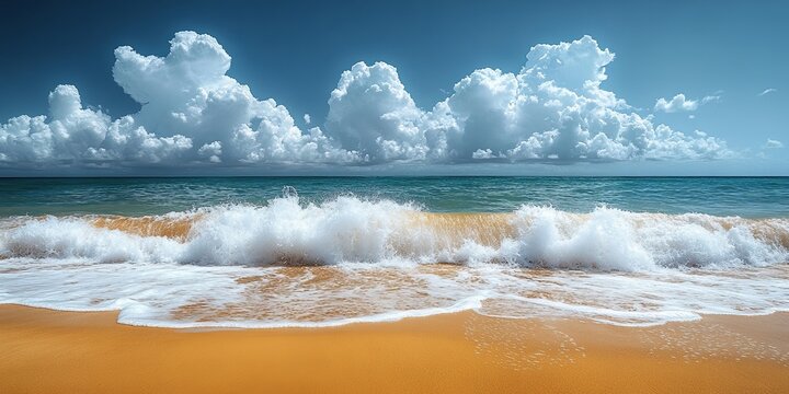 Tranquil seascape with a breaking wave rolling onto a sandy shore beneath a vast expanse of fluffy white clouds