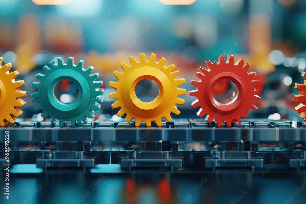 Poster Automated factory assembly line, gears and machinery in sync, 3D illustration