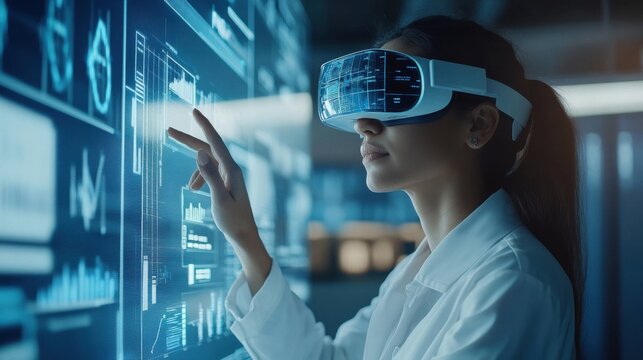 A woman wearing VR headset using AI artificial intelligence technology, holographic