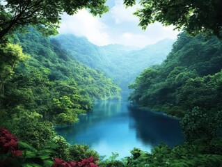 A vibrant rainforest teeming with diverse wildlife, towering trees, and a crystalclear river flowing through the heart of the jungle