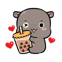 Little Hippo Hug Boba Milk Tea. Kawaii Cartoon Style