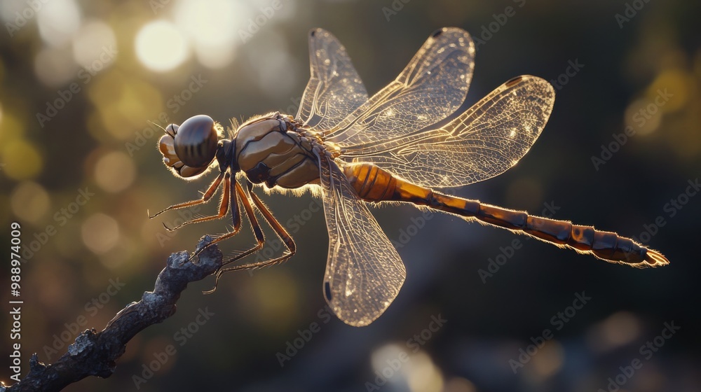 Poster a macro perspective of a dragonfly perched on a twig, with its wings shimmering in the sunlight, sho