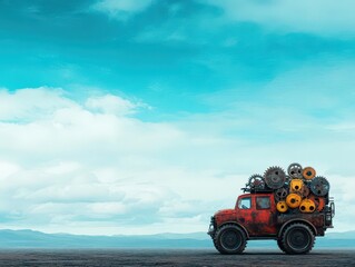 A postapocalyptic vehicle, with its wheels powered by repurposed gears from old machines, moving through a desolate landscape