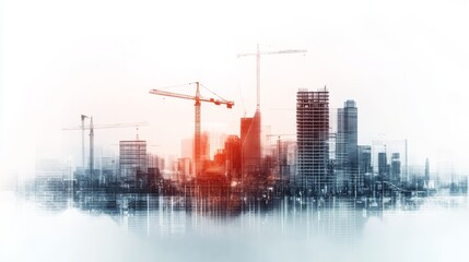 Obraz premium Skyline with construction cranes and growing buildings, overlaid with digital graphs, economic policy, urban development