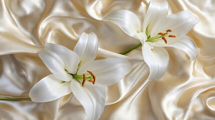 A detailed shot of fresh white lilies resting on a silk background, symbolizing purity, peace, and sophistication.