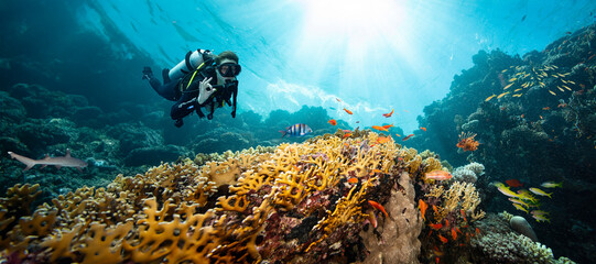 Scuba Diver Swimming in Deep Sea with Sunrays and Beautiful Coral Reef with Colorful Fishes