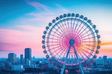 A giant geardriven Ferris wheel, with each cabin powered by a unique innovation, glowing in a city skyline at dusk