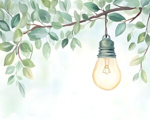 A delicate tree branch supporting a bright light bulb, watercolor washes blending soft greens and technological gleam, illustrating balance between nature and progress