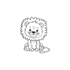Cute cartoon lion. Wild adorable character. Lovely mammal sitting isolated. Animal in doodle style. Vector illustration