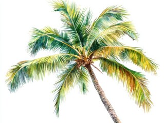 Palm tree with vibrant green leaves, white isolated background.