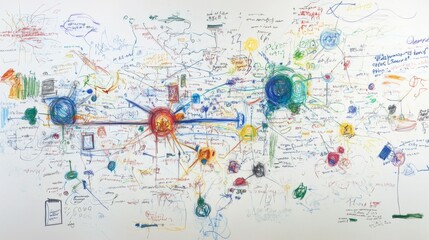 A mind map drawn on a whiteboard, filled with interconnected ideas and keywords, highlighting the organization and development of thoughts visually.