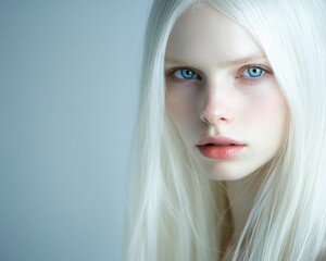 Beautiful albino woman with long white hair, blue eyes, studio photo shoot.