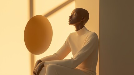 A serene figure in a minimalist space gazes at a floating orb during golden hour, embodying tranquility and introspection