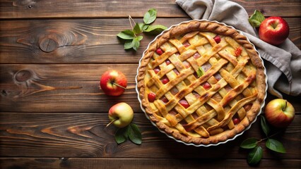 Overhead shot of homemade apple pie dessert on dark wooden table with copy space