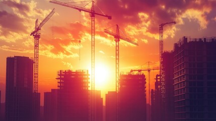 Silhouettes of cranes and unfinished buildings at a construction site during a vibrant sunset, highlighting urban development against the evening sky.