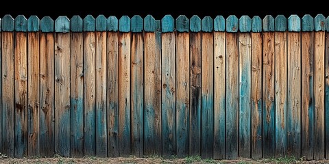 Weathered wooden fence with blue paint streaks and a hint of grass at the bottom