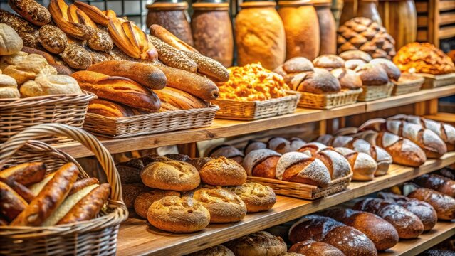 Close-up of various freshly baked bread and pastries in a bakery shop