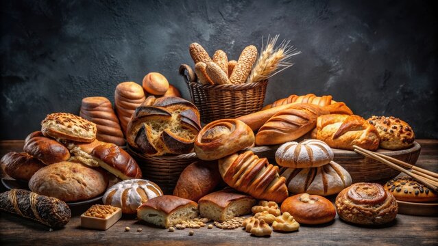 Assortment of delicious baked goods including pastries and breads on a dark background