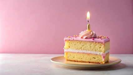 Slice of birthday cake adorned with gold candle and pink frosting