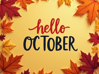 Colorful autumn greeting with the inscription 'Hello October' on a background of bright autumn leaves. for autumn projects, holiday cards or posters