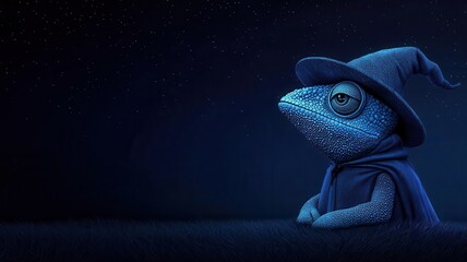 Chameleon dressed as a wizard, with a tiny hat and cloak, blending into a spooky Halloween background, magical and mysterious, 3D illustration