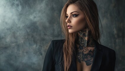 Fototapeta premium Trendy hispanic female model, with long hair, wearing plain black t-shirt and black blazer jacket over the top, tattoos and jewelry , woman with bad girl vibes over dark foggy background
