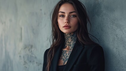 Fototapeta premium Trendy hispanic female model, with long hair, wearing plain black t-shirt and black blazer jacket over the top, tattoos and jewelry , woman with bad girl vibes over dark foggy background
