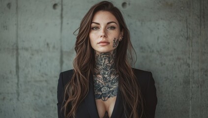 Naklejka premium Trendy hispanic female model, with long hair, wearing plain black t-shirt and black blazer jacket over the top, tattoos and jewelry , woman with bad girl vibes over dark foggy background