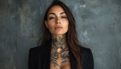 Fototapeta premium Trendy hispanic female model, with long hair, wearing plain black t-shirt and black blazer jacket over the top, tattoos and jewelry , woman with bad girl vibes over dark foggy background