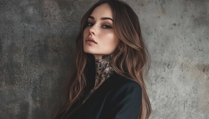 Fototapeta premium Trendy hispanic female model, with long hair, wearing plain black t-shirt and black blazer jacket over the top, tattoos and jewelry , woman with bad girl vibes over dark foggy background