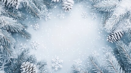 Frosty pine branches and snowflakes creating a winter holiday background