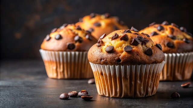 A close-up photo of chocolate chip muffins on a dark background with copy space