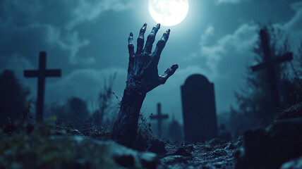 A zombie hand rising from a grave on a moonlit night with a background of crosses, a Halloween concept