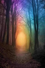 Obraz premium An archway leading into a rainbow-colored , misty, glowing forest, symbolizing stepping into the unknown with a vibrant, curious mindset. 