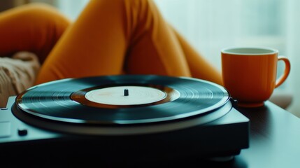A record player and a cup of coffee on the table, AI