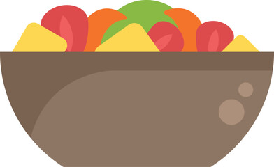 Brown bowl is overflowing with fresh fruit salad, including pineapple, strawberries, and cantaloupe