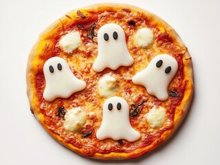 Pizza with ghost-shaped cheese toppings on white isolated background.