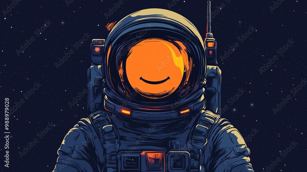 Poster a smiling astronaut in a sleek suit explores the vastness of space against a starry backdrop during 