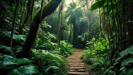 A tropical rainforest path leading into the dense jungle, lined with exotic plants, massive trees covered in vines, and mysterious shadows, inviting an adventurous journey into the unknown.