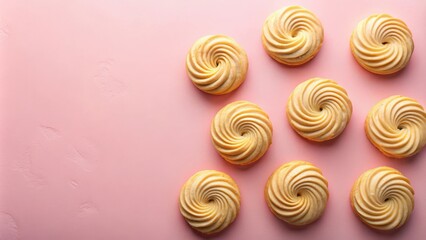 Aerial view of freshly baked Viennese whirl biscuits on a pastel pink background with copy space