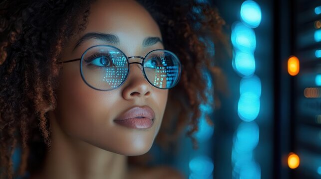 confident african american female tech executive using holographic displays in a futuristic data center glowing blue circuits and server racks create a hightech atmosphere of innovation