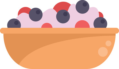 Brown bowl is filled with yogurt and topped with blueberries and strawberries