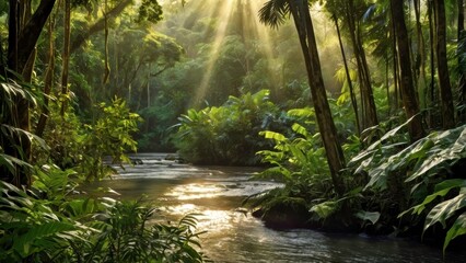 A majestic tropical rainforest in the late afternoon with beams of sunlight streaming through the treetops, casting a golden glow over the vibrant greenery and flowing river below.